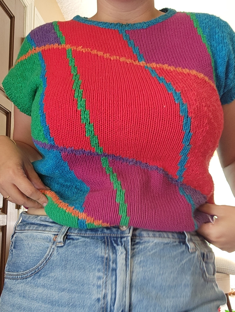 Vintage 80s Personal Colorblock Knit Sweater Sz M Bold Geometric Ramie Cotton